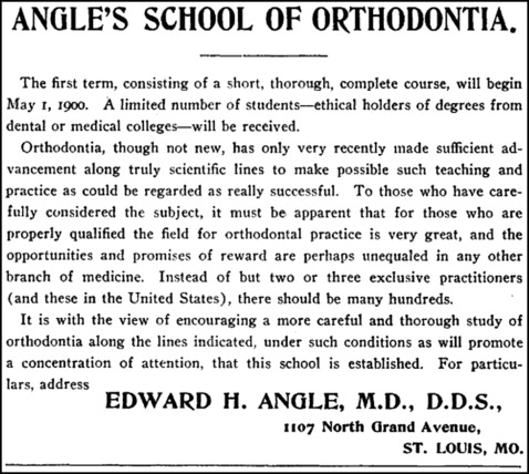 Première école d'orthodontie de Edward H. Angle à St-Louis en 1900.